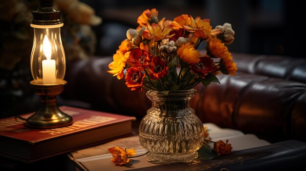 Herbststillleben mit gelben und roten Rosen in einer Vase Herbststimmung Herbstatmosphäre gemütliche Atmosphäre Innenraum Herbstdekoration