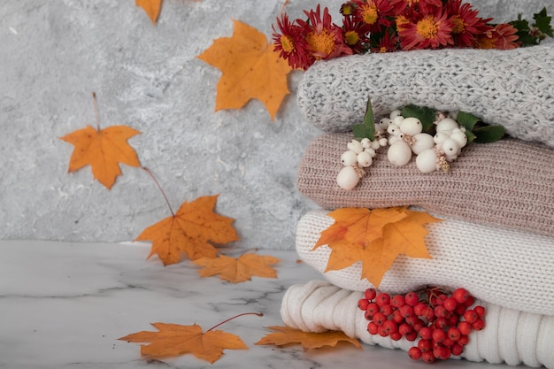 Herbststillleben mit gestrickten Pullovern, Laub, Kürbissen und Eberesche