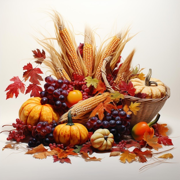 Herbststillleben mit Kürbissen, Mais, Trauben und Blättern