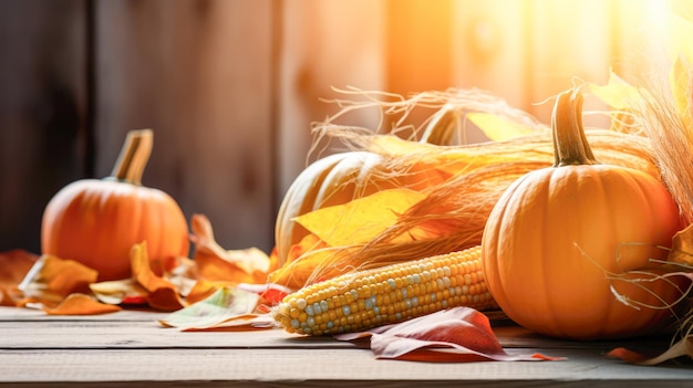 Herbststillleben mit Kürbissen, Mais und Blättern auf Holzgrund