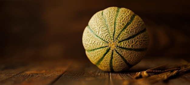 Herbststillleben mit Melone in einem dunklen Schlüssel auf einem hölzernen Hintergrund