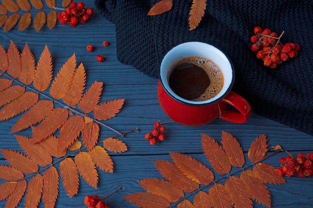 Herbststimmung Herbst Hintergrund helles Bild rote Tasse Kaffee gestrickter Schal Blätter und Vogelbeeren auf einem Holztisch