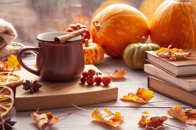Herbststimmung Herbstatmosphäre Eine Tasse Kaffee Kürbisse gestrickte warme Decken Bücher Herbstblätter auf der Fensterbank