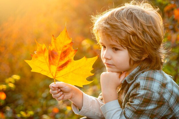 Herbststimmung Kleiner Junge, der auf den gelben Blättern im Herbstpark liegt