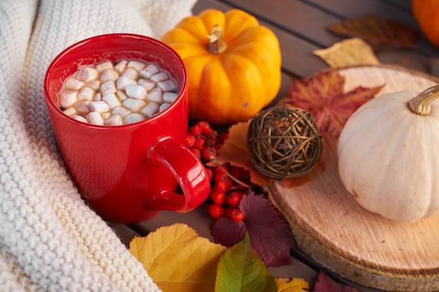 Herbststimmungskomposition auf einem Holztisch. Rote Tasse Kaffee mit Marshmallows, wärmendes Getränk. Gemütliche Atmosphäre