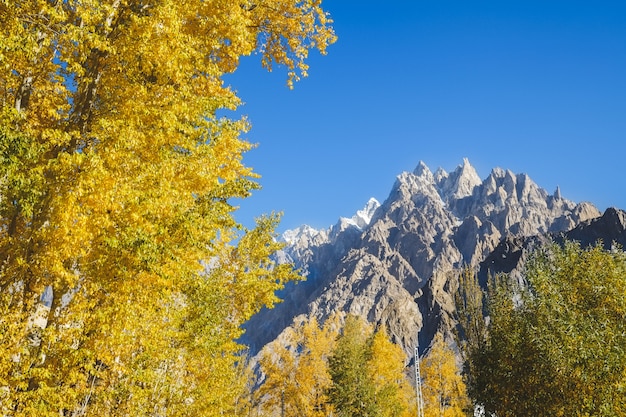 Herbstszene in Passu. Gilgit-Baltistan, Pakistan.