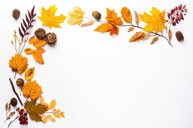 Herbstszene mit Blättern, Blumen, Beeren auf weißem Herbst-Thanksgiving-Konzept. Flache Lage, Draufsicht, Kopie s