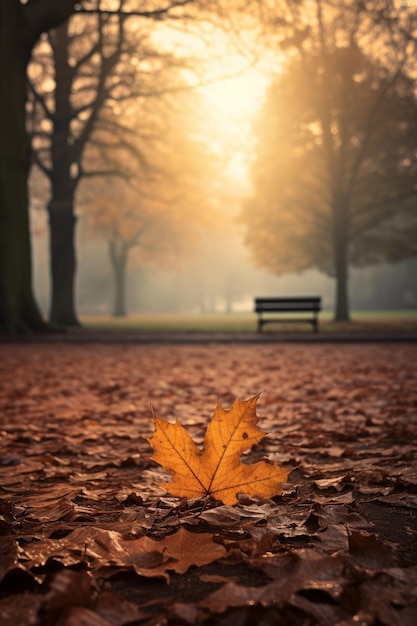 Herbstszene mit einem im nackten Park fallenden Blatt, die von KI generiert wurde