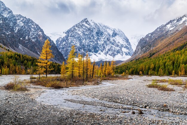 Herbsttal des Aktru-Flusses am Fuße der Gletscher der North Chuysky Range. Altai, Russland