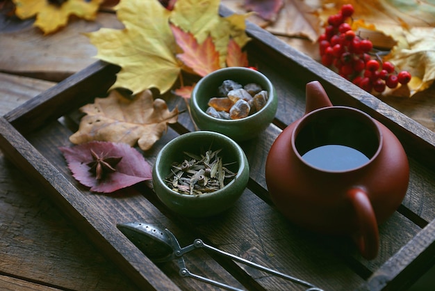 Herbsttee, Teekanne auf einem hölzernen Hintergrund mit Herbstlaub