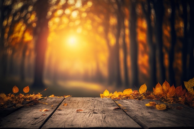 Herbsttisch - Orangenblätter und Holzbrett bei Sonnenuntergang im defokussierten Wald