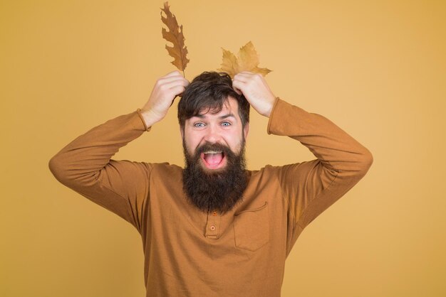 Herbstverkaufsrabatt bärtiger Mann mit Herbstblattmännchen mit herbstlichem goldenem Blatt saisonaler Herbst