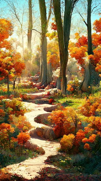 Herbstwald im sonnigen Morgen 3D-Darstellung
