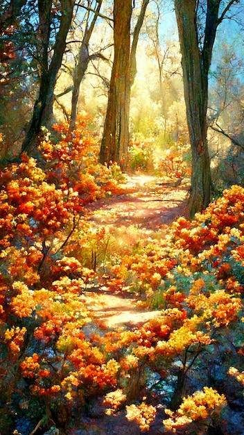 Herbstwald im sonnigen Morgen 3D-Darstellung