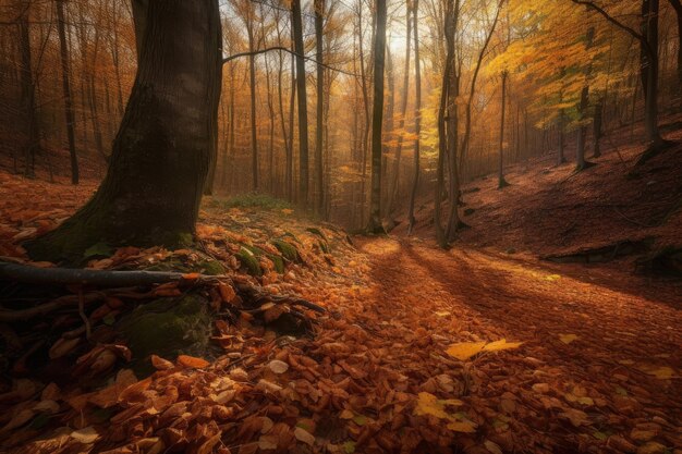 Herbstwald mit gefallenen Blättern und satten Farben, erstellt mit generativer KI