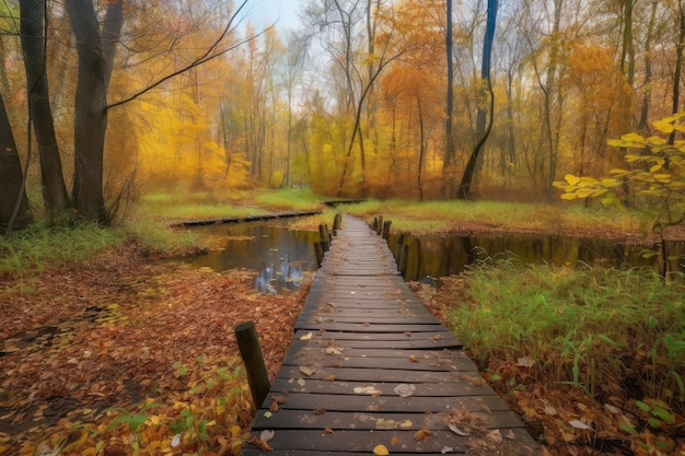 Herbstwald mit Laufstegen und buntem Laub