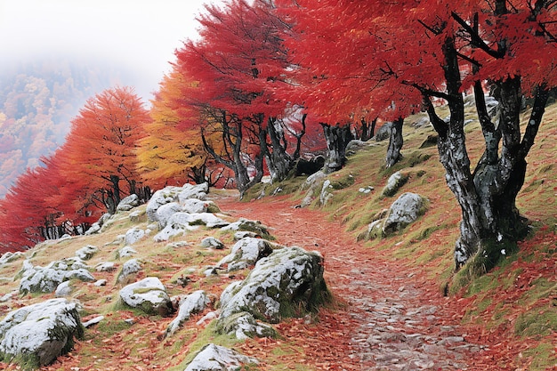 Herbstwald mit lebendigem Laub