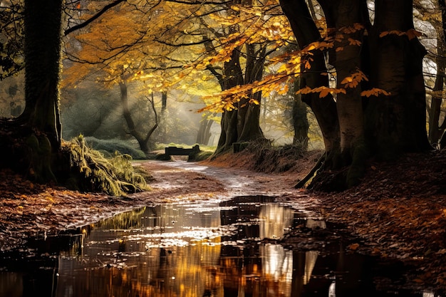 Herbstwald mit Sonnenstrahlen, die sich im Wasser widerspiegeln Schönheit in der Natur