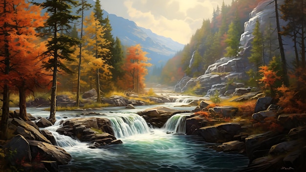 Herbstwald mit Wasserfall Generative KI-Illustration