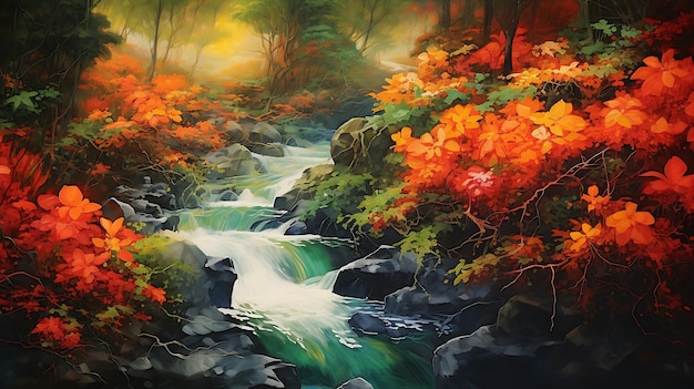 Herbstwald mit Wasserfall Generative KI-Illustration