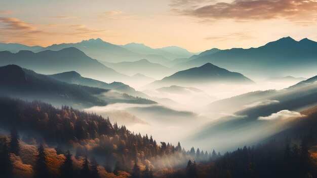 Herbstwald und Berglandschaft