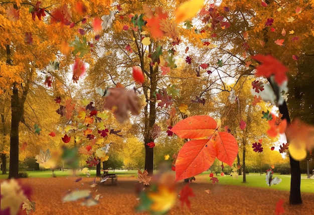 Herbstwald und Seewasserreflexion im Park, goldorange rote Blätter fallen an sonnigen Tagen saisonal