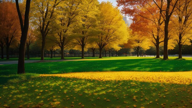 Herbstwiese im Stadtpark Herbst warmer Schatten grün gelb rot Blätter