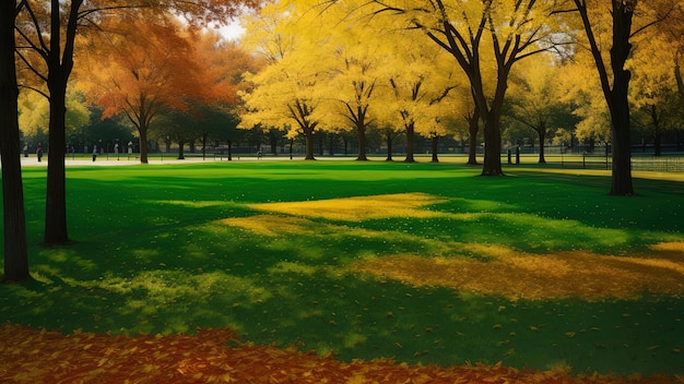 Herbstwiese im Stadtpark Herbst warmer Schatten grün gelb rot Blätter