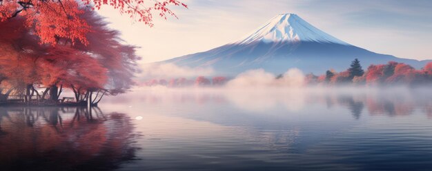 Herbstzeit und Fuji-Gebirgslandschaft mit morgendlichem See-Nebel Generative ai