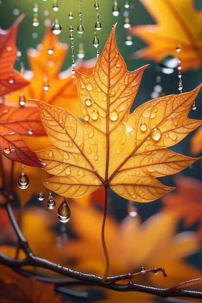 Herbstzeitblätter mit Regen Herbstpflanzenszene