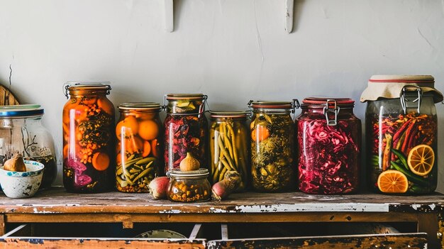 Herbstzeitliche eingelegte oder fermentierte Gemüse in Dosen, die über der Vintage-Küche angeordnet sind