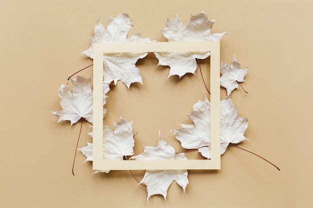 Herbstzusammensetzung. Rahmen aus weißen Ahornblättern auf beigem Hintergrund. Herbst, Herbstkonzept. Flache Lage, Ansicht von oben, Kopienraum.