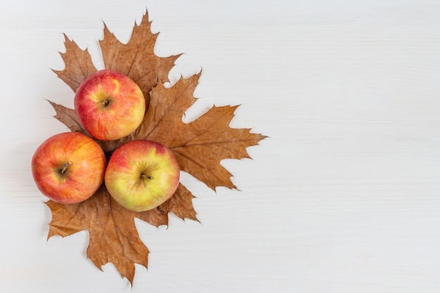 Herbstzusammensetzung Reife Äpfel trocknen Blätter auf einem weißen hölzernen Hintergrund