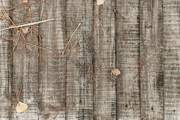 Foto herbstzusammensetzung. trockene äste und herbstblätter auf altem rustikalem holzbretthintergrund. gealterte holzmaserung mit herbstpflanzen. stock foto