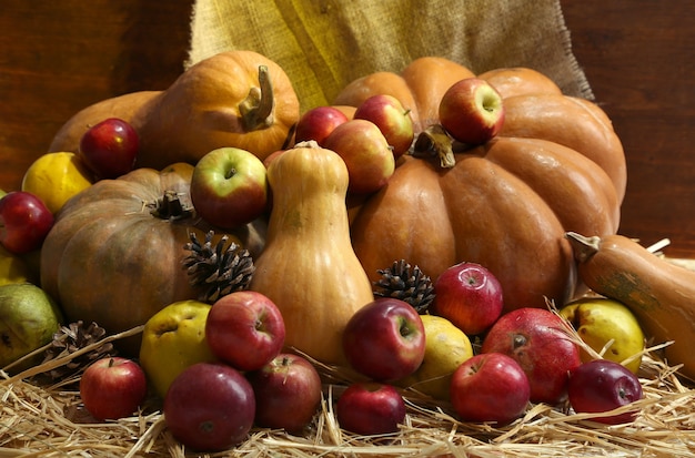 Herbstzusammensetzung von Früchten und Kürbissen auf Stroh auf Holzwand