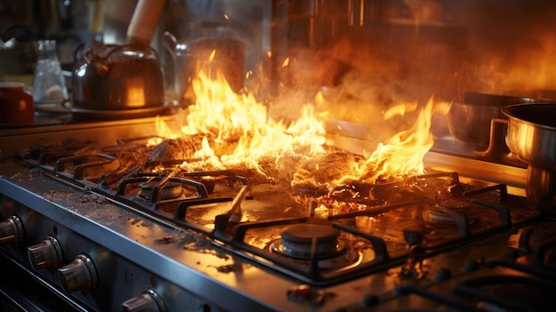 Herd in der Küche während des Kochens entzündet, Rauch und Ruß rund um Feuer zu Hause