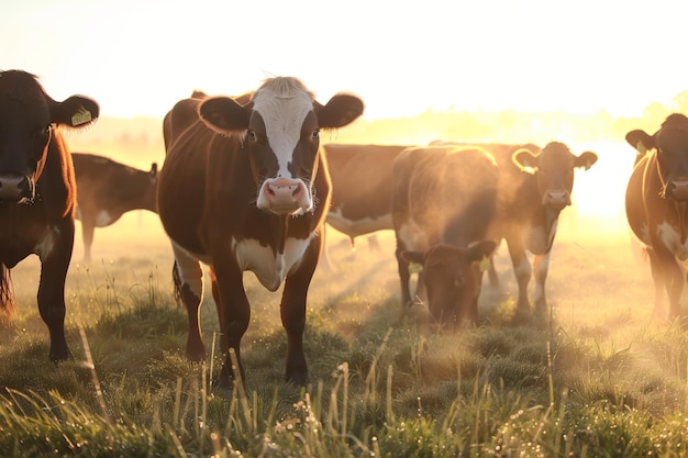 Herdas de vacas al amanecer con niebla que se alimentan de hierba de rocío