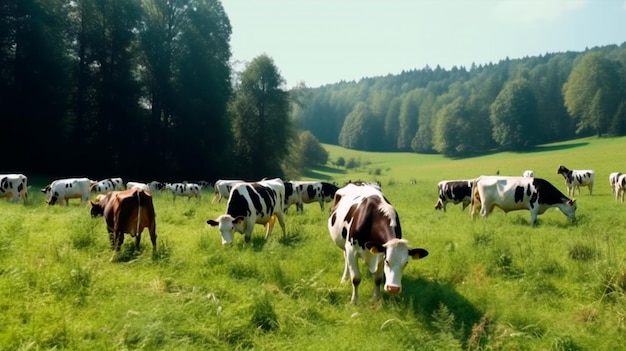 Herde Kühe, die Gras auf der Lichtung fressen. Generative KI