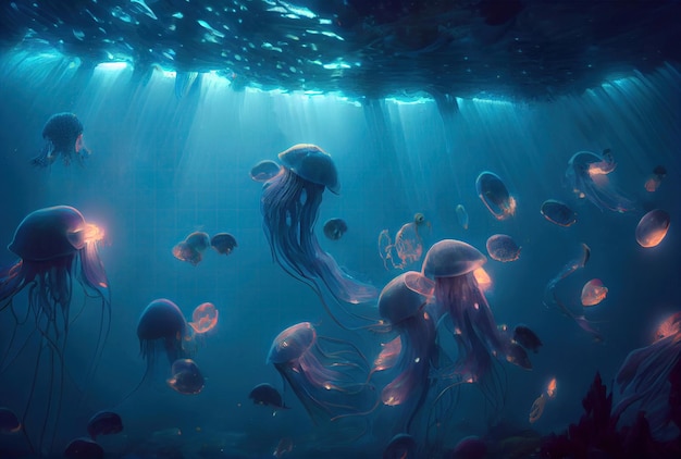 Herde von Neonquallen in der Unterwasserwelt