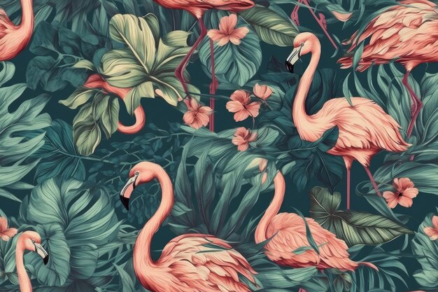 Herde von rosa Flamingos in einer üppigen Dschungelumgebung