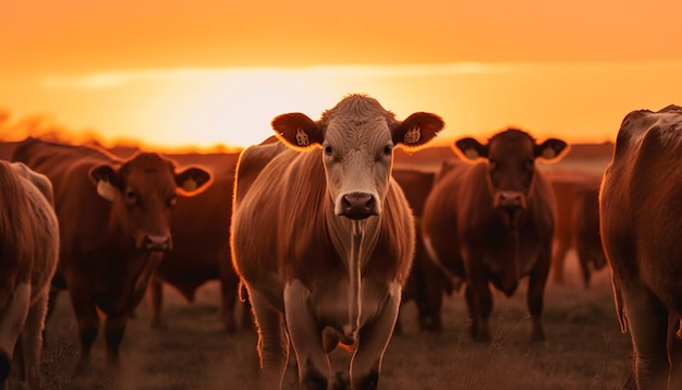 Herde weidet auf grüner Wiese bei Sonnenuntergang, generiert von KI