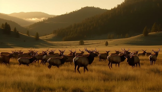 Herde weidet in einer ruhigen herbstlichen Wiesenlandschaft, generiert durch KI