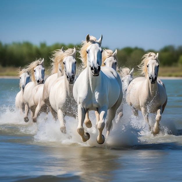 Herde weißer Camargue-Pferde, die im Wasser rennen, Frankreich