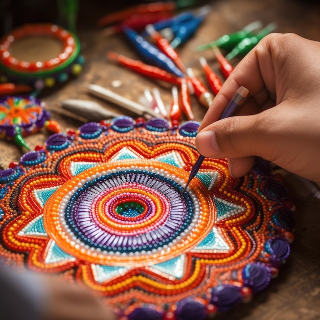 Foto herencia artesanía dibujando mandalas peruanas ai generado