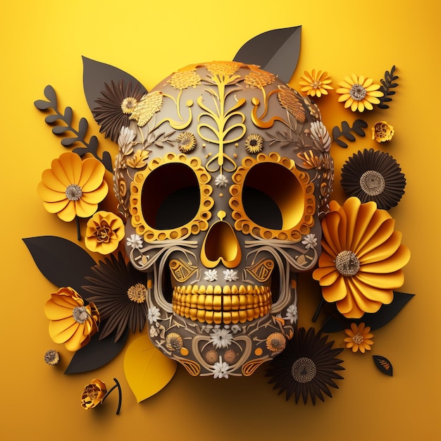 Herencia hispana calavera de azúcar caléndula Festivo dia de los muertos fondo generativo ai 3d render