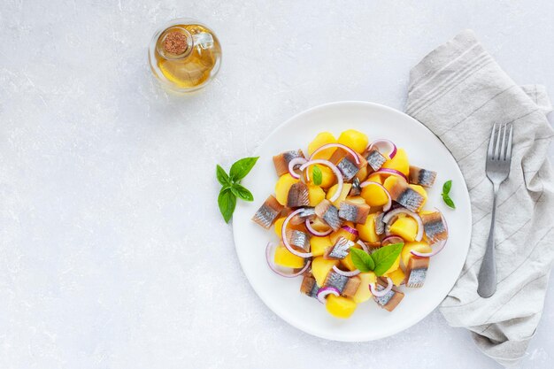 Hering defumado, batatas e molho de cebola roxa em um prato, conceito de comida fresca, vista de cima, espaço de cópia