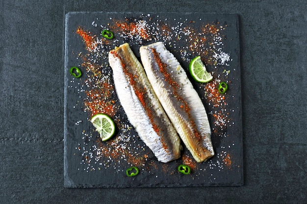 Heringsfilet mit Meersalz und Gewürzen auf einer steinernen Tafel. Norwegische Heringsfilets