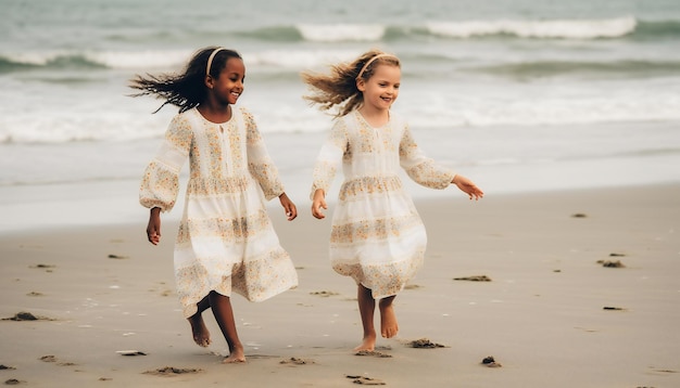 Hermana disfrutando del verano en la playa con vestidos a juego