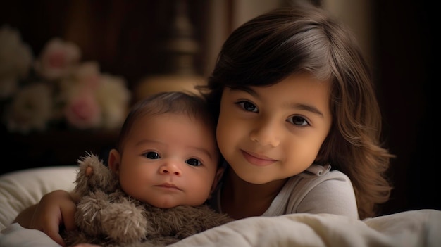 Hermana pequeña con su hermano pequeño en casa