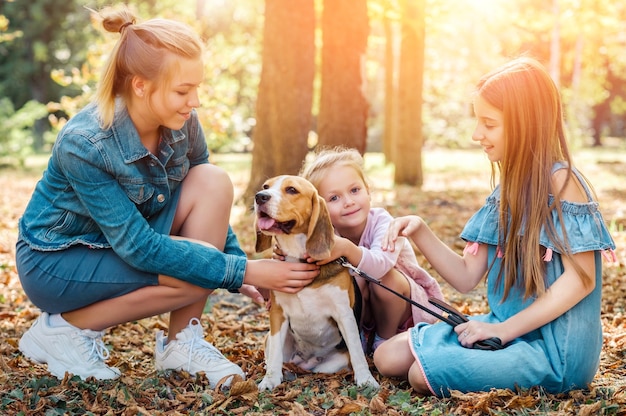 Hermanas jóvenes jugando con perro beagle en el parque